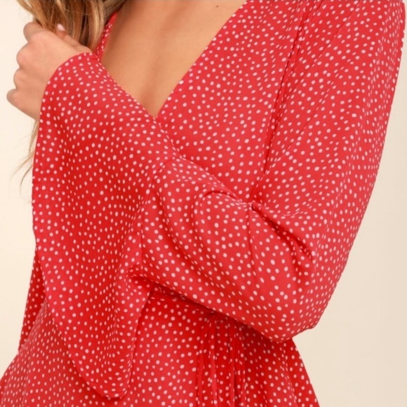 Lulu’s Red & White Polka Dot Love is Enough Wrap Top Blouse Small - Picture 3 of 11